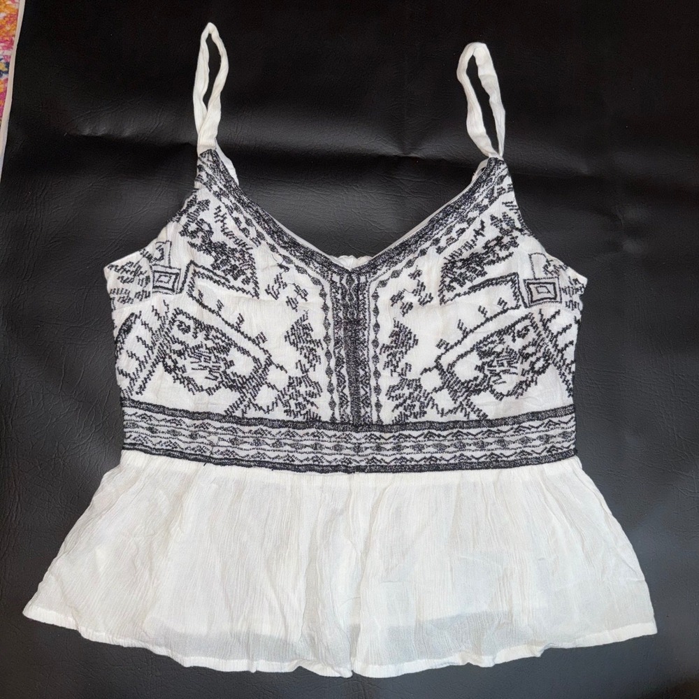 JAPNA White Black Embroidered Peplum Camisole Top Smocked Back Size M Boho